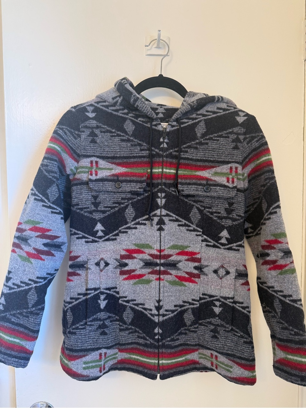 XS Pendleton Gray Hooded Zip Jacket with Black, Red & Green Pattern